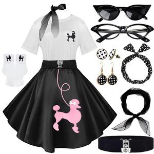 3783 10pcs Sock Hop Outfits Costume Women, 1950s Poodle Skirts,